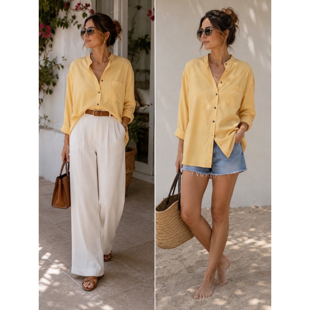 Vintage 100% Silk Oversized Yellow Tunic Blouse Minimalist Quiet Luxury Top S/M